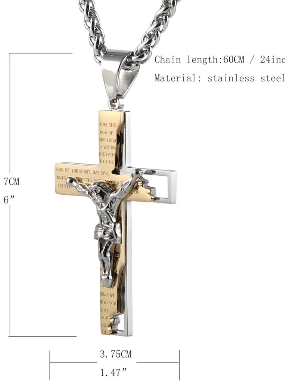 Men's Stainless Steel Cross Pendant Necklace - Bible Prayer Jewelry, Faith